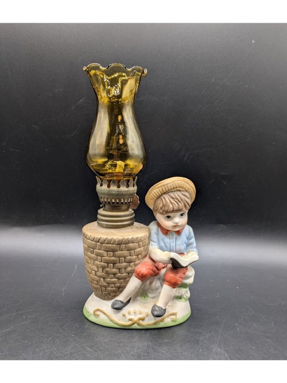 Vintage Bisque Boy Reading Book Mini Oil Lamp Lantern Amber Glass Shade 8.5"